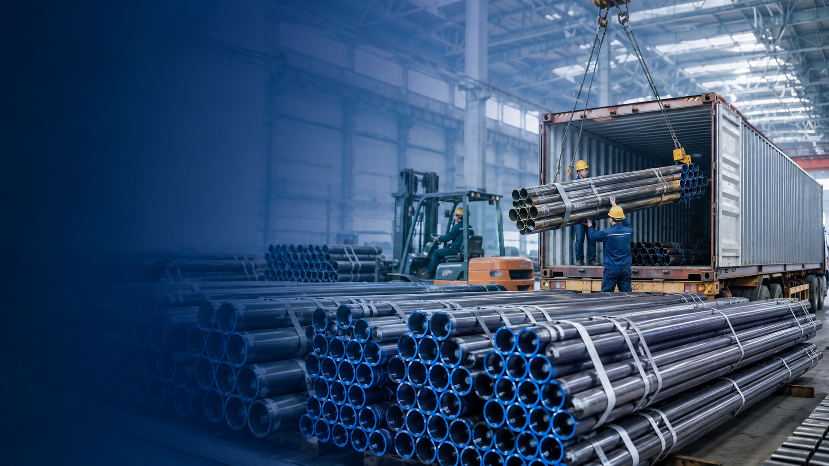 Global seamless steel pipe supplier with carbon and alloy steel pipes ready for export in a modern industrial warehouse.